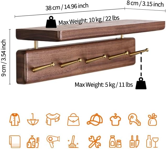 Solid Wood Shelf with Hooks, 15 inch Coat Rack Wall Mount, Shelves with 5 Brass Hooks for Hanging in Entryway, Living Room, Bathroom, Bedroom, Kitchen(Walnut) - Image 6