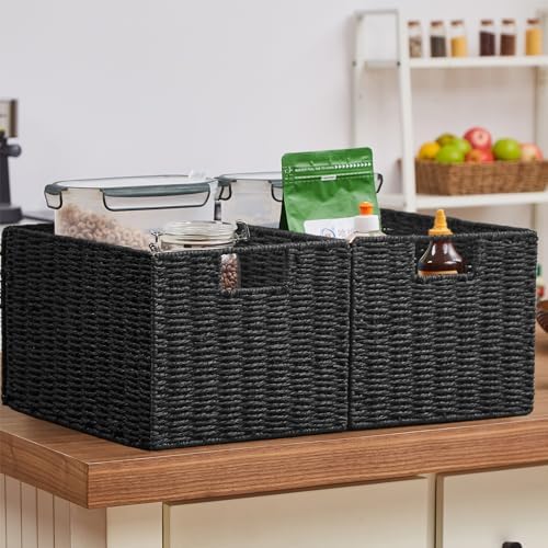 Vagusicc Wicker Storage Basket, Set of 2 Hand-Woven Paper Rope Wicker Basket, Small Storage Baskets for Organizing Toilet Paper Basket, Foldable Large Cube Storage Organizer Bins for Shelves (Black) - Image 6