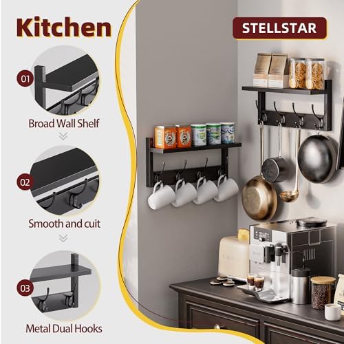 STELLSTAR Coat Rack with Shelf, 2 Pack Bamboo Wall-Mounted Coat Hanger with 8 Hooks for Entryway, Hallway, Kitchen, Bathroom, Living Room, Utility Room (Black) - Image 3