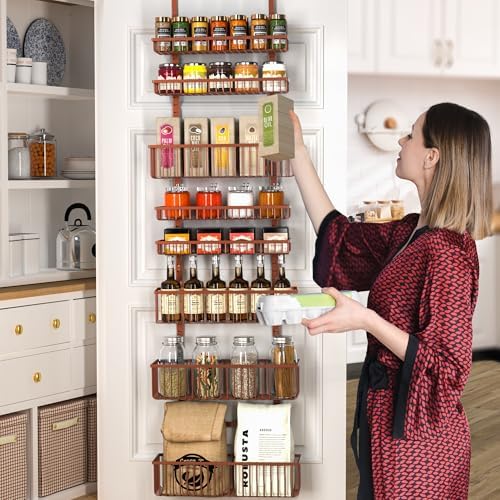 Moforoco Over The Door Pantry Organizer, Pantry Door Organizer Shelves, Kitchen Organizers and Storage, Hanging Basket Wall Spice Rack Seasoning Shelves, Laundry Room Bathroom accessories（Brown ） - Image 6