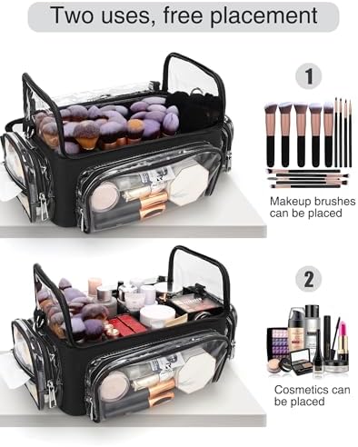 Makeup Brush Bag, Makeup Brush Case for Makeup Artist with Plastic Dividers Washable, Portable Travel Makeup Train Case with Clear Waterproof Cover for Easy to Clean and Find with Adjustable Strap - Image 5