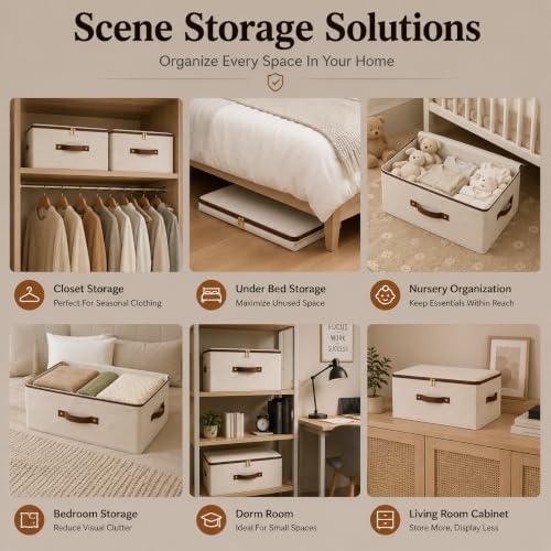 Tuza 3 Pcs Rigid Storage Bins with Zipper Lid, Cotton Linen Fabric Storage Boxes, Foldable Shelves Clothes Storage Cubes with Handles for Wardrobe, Closet(Beige, 42L) - Image 3