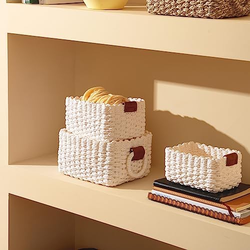 La Jolíe Muse Woven Storage Baskets, Recycled Paper Rope Bin Organizer Divider for Cupboards Drawer Closet Shelf Dresser, Set of 3 (White) - Image 3