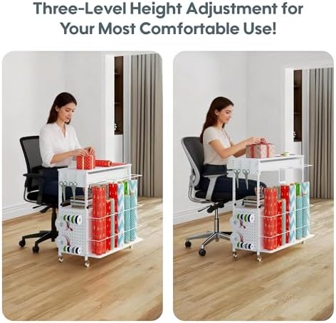 Height-Adjustable Gift Wrapping Station with Paper Clamp & Adhesive Measuring Tape,Rolling Wrapping Paper Cart with Ribbon & Gift Bag Storage, Craft Organizer Workstation (White) - Image 3