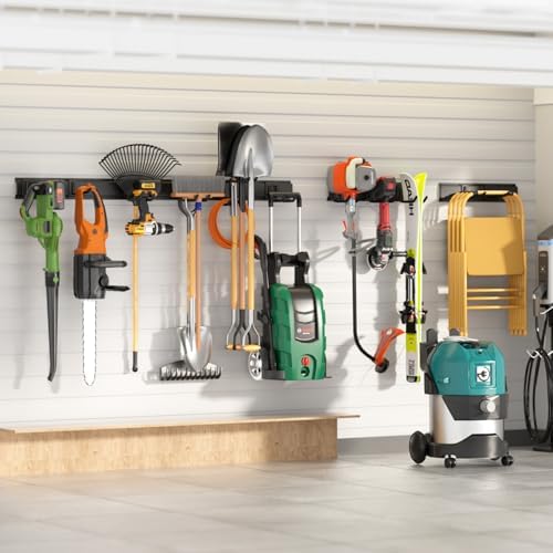 64 Inches Garage Storage, UUP Garage Organization Wall Mount Garden Tool Organizer, 620lbs Adjustable Metal Hooks, Yard Shed Rail Rack, Lawn Tool Holder for Hanging Rake Broom Mop Snowboard, Home Gift - Image 7