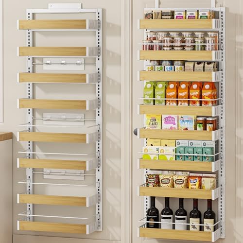 POKIPO 8 Tier Over The Door Pantry Organizer, 2 IN 1 Wall Mount or Hanging Spice Rack Seasoning Shelves with Adjustable Basket, Back of Door Organizer and Storage for Kitchen Cabinet and Room Closet by POKIPO