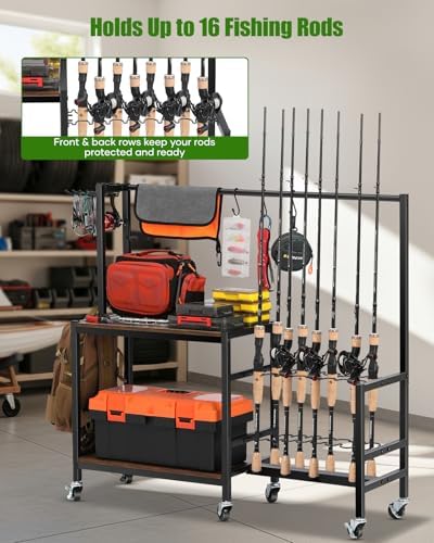 EXTCCT Fishing Rod Holder, Rolling 16 Pole Rack Cart for Garage, Brown - Image 5