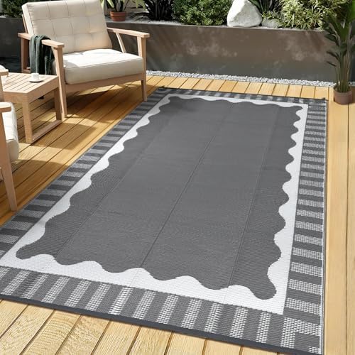 Garvee Large Scalloped Outdoor Rug 8x10 Patio Rugs Outdoor Waterproof,Grey - Image 2