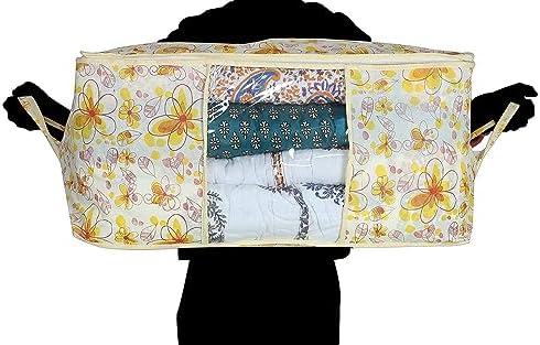 Kuber Industries Foldable Underbed Storage Bag|Organizer For Clothes Large|Non-Woven Comforter, Blanket Cover|Metalic Print & Side Handle|Pack of 9 (Cream) - Image 5