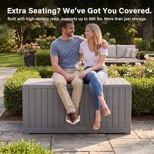 EAST OAK Outdoor Storage Box, 100 Gallon Deck Box, Waterproof Resin Storage Bench for Patio Cushions, Gardening Tools, Pool Toys, Lockable, UV Resistant, Grey - Image 4