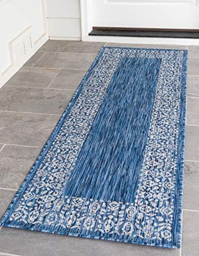 Unique Loom Outdoor Border Collection Area Rug - Floral Border (2' x 6' 1" Runner, Blue/ Ivory) by UniqueLoom
