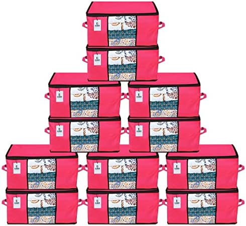 Kuber Industries Underbed Storage Bag|Organizer For Clothes Large|Non-Woven Comforter, Blanket Cover|Transparent Window & Premium Zipper|Side Handles|Pack of 12 (Pink) by Kuber+Industries