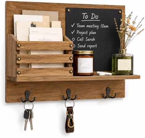 Key Holder for Wall, Mail Organizer Wall Mount, Chalkboard & 3 Double Hooks by Unknown