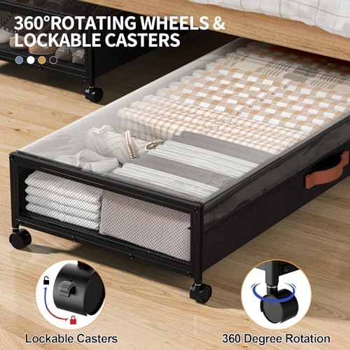 Under Bed Storage Containers with Wheels Large Underbed Shoes Blankets Clothes Toy Storage Drawers for College Dorms Bedrooms Nursery Rooms Organization (Black 2 Pack, 7.5in height(36"x16.6"x7.48")) - Image 3