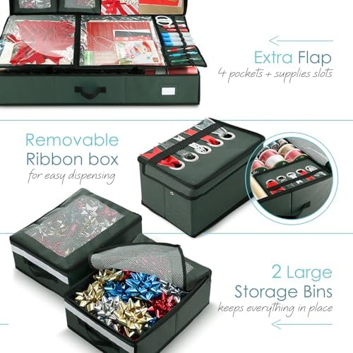 Hearth & Harbor Holiday Storage with Extra 2 PC of Christmas Storage Bins and Ribbon Storage Organizer - Fade Resistant Wrapping Paper Storage Containers with Wheels Fits Up to 30 Rolls of 40" Length - Image 4