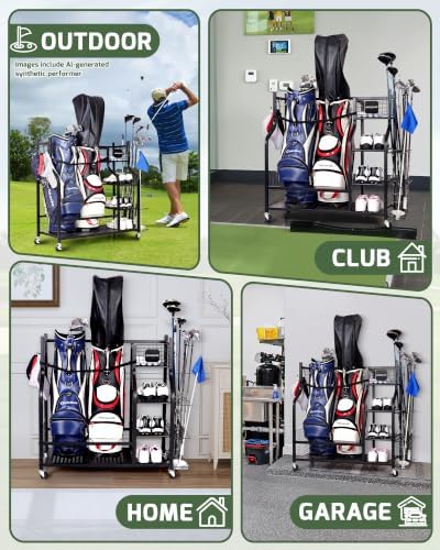 Golf Bag Storage Organizer Rack for Garage, Golf Bag Stand with Rolling Wheels, Heavy-Duty Metal Golf Equipment Organizer for Home, Garage, Clubhouse - Image 7
