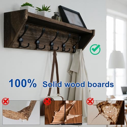 WEBI Coat Rack Wall Mount with Shelf,24" Long Wall Shelf with Hooks Underneath,5 Triple Hooks for Entryway,Hallway,Bedroom,Weathered Brown - Image 3