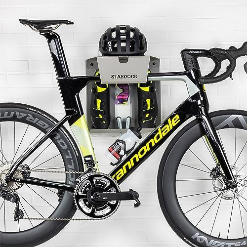 Stasdock Wall Bike Rack | Bike Storage Wall Mount System | For Race Bicycles (Silver Metallic) and Mountain Bikes | Bike Shelf | Indoor bike wall bracket | Stores helmet and shoes | Home and Garage - Image 2
