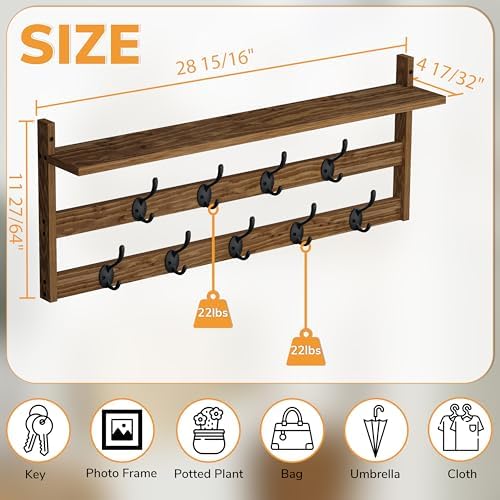 AMBIRD Coat Rack Wall Mount with Shelf, 29" Coat Hooks Wall Mounted with 9 Metal Hooks for Entryway, Bathroom, Bedroom, Living Room, Kitchen, 2 Tier Wall Hooks for Clothes, Hat, Towel, Key, Purse - Image 3