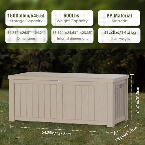150 Gallon Deck Box Organizer, Doubles as 2-Person Bench Seat, Grey Large Resin Outdoor Storage and Seating with Lockable Lid for Garden, Pool, and Patio - Image 3