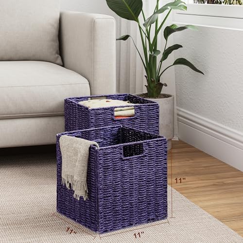 Vagusicc Wicker Storage Basket, Set of 2 Hand-Woven Wicker Basket, 11 inch Storage Basket, Foldable Cube Storage Organizer Bins, Storage Baskets for Organizing Shelves Decor, Purple (11″×11″×11″) - Image 6