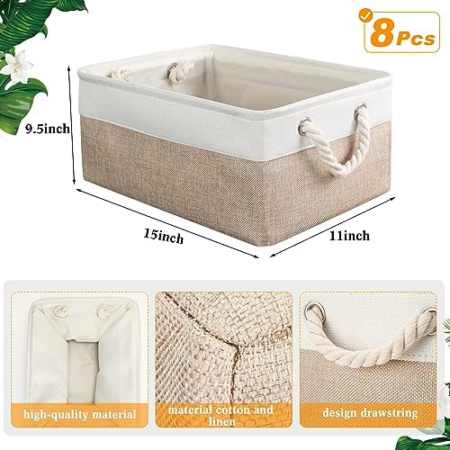 meekoo 8 Pack Fabric Storage Bins Baskets, 15 x 11 x 9.5 in, Beige - Image 3