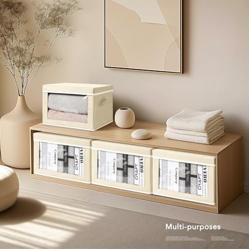 Homsorout Large Storage Baskets with Lids - Stackable Cube Bins for Closet, 6 Pack Beige Windows Organizer Bins, Home Organizers and Storage for Clothes, CD, Towels - Image 4