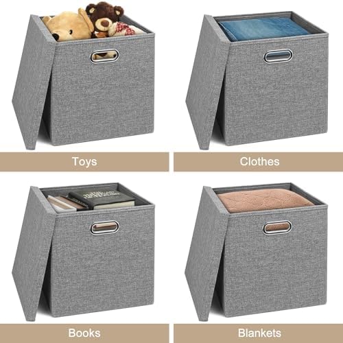 Linen Storage Bins with Lids,13 x 13 Inch Foldable Fabric Cube Baskets Boxes Organizer for Closet, Shelves, and Home. (Gray, (13x13) 4 pack) - Image 4