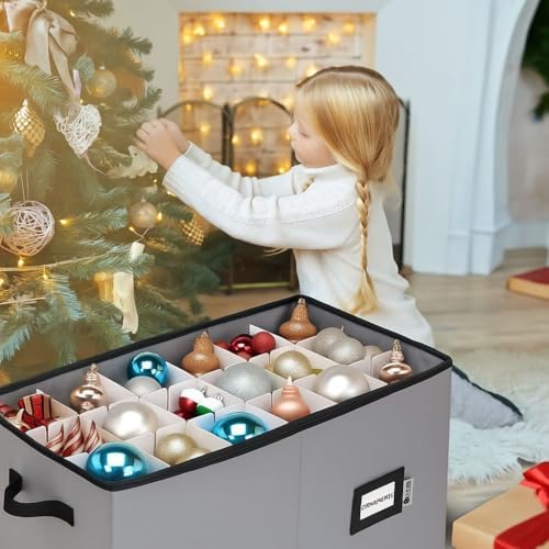 Christmas Ornament Storage Container with Dividers - Box Stores Up to 54 Ornaments, Zippered, Convenient, Adjustable, Large Organizer Bin to Protect Holiday Décor, Fits Most Standard Size, Grey - Image 2