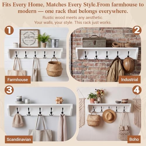 Geelin 35 Inch Wall Shelf with Hooks and Shelf Organizer Wall Mount Coat Rack with 5 Triple Hooks for Hanging for Entryway, Hallway, Bathroom, Living Room, Bedroom, White - Image 5