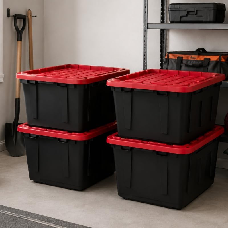 Storage Bins 27 Gal Stackable with Lids 4 Pack for Garage Basement by Unknown