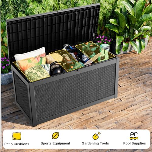 Outdoor Waterproof Resin Storage Deck Box Lockable Outside Bench UV Resistant Bin Patio Porch Furniture Pool Float Garden Tool Cushion (Black, 320 Gallon) - Image 4