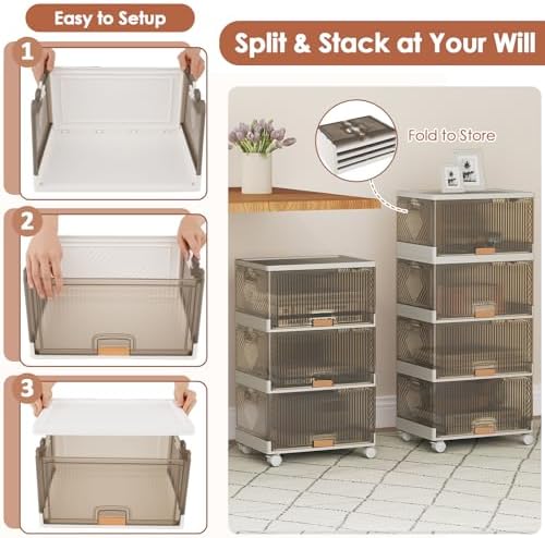 Giantex 4 Tier Stackable Storage Bins with Lids, 18 GalFoldable Shoe Storage Box with Detachable Wheels & Flip-Up Doors, Collapsible Closet Organizers and Storage Bins - Image 7
