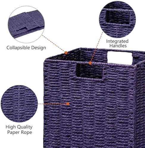 Vagusicc Wicker Storage Basket, Set of 2 Hand-Woven Paper Rope Wicker Basket, Foldable Cube Storage Bins, Square Large Storage Baskets for Organizing Shelves, Decor, Orange (13″×13″×13″) - Image 2