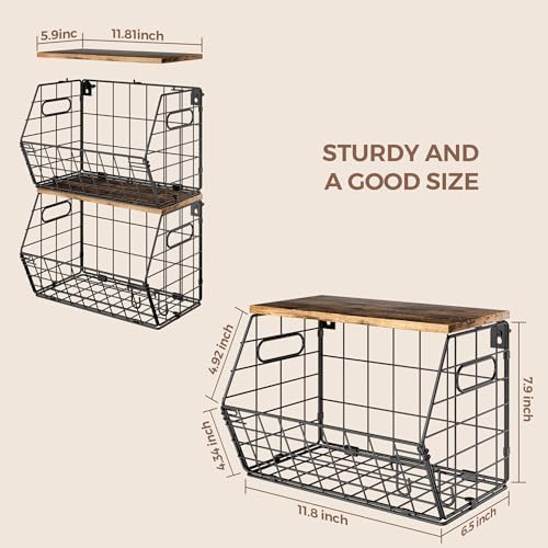 Delamu Stackable Metal Fruit Basket with Wood Lid 2 Pack, Hanging Wall Organizer for Kitchen Counter, Pantry Storage for Onions, Potatoes, Garlic, Fruits, Spices, Black - Image 5