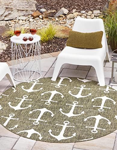 Unique Loom Outdoor Coastal Collection Area Rug - Ahoy (13' Round, Green/ Ivory) by UniqueLoom
