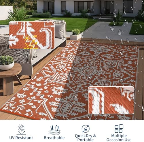 8x10 Plastic Straw Outdoor Rug Waterproof Reversible Mat, UV-Resistant Vintage Medal Camping Outdoor Carpet for Patio Deck Balcony Picnic Fold Portable Outdoor Large Floor Mat Orange Red White - Image 7