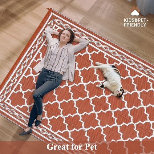 Outdoor Rug 9x12 Reversible Patio Rugs Outdoor Plastic Straw Rug Vintage Trellis Rugs Waterproof for Deck RV Outside Carpet for Patio Backyard Picnic Camp Beach Balcony Orange - Image 4