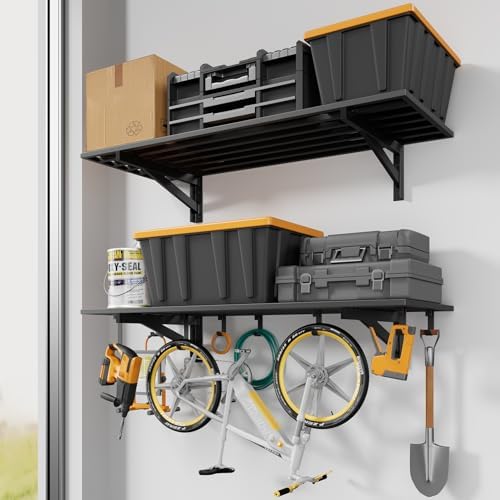 Jusgym 2 Pack Wall Mounted Garage Shelving with 8 Hooks, 1.5x4ft, 500lbs by Jusgym