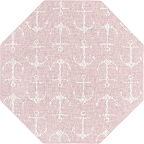 Unique Loom Outdoor Coastal Collection Area Rug - Ahoy (7' 10" Octagon, Pink/ Ivory) - Image 3
