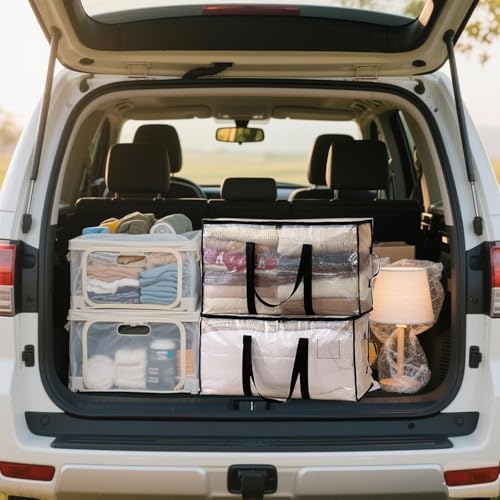 12 Pack-Extra Large Heavy Duty Moving Bags - Waterproof Storage Totes with Handles & Zippers, Foldable for College Dorm, Storage (Clear) - Image 3