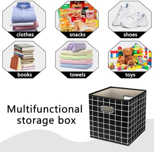 Fabric Cubby Storage Bins,13x13x13 Inches,Cube Organizer Bin Foldable Storage Boxes with Dual Handles Fabric Organizer Box and collapsible Storage basket,Set of 6,Black grid - Image 3