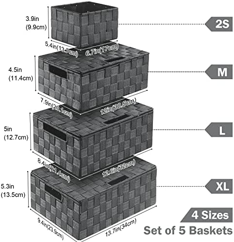 Storage Baskets with Lids: 5 Pack Stackable Woven Storage Bins, Grey - Image 2