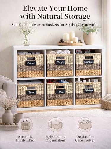 10.5 Inch Cube Storage Bin, 4 Pack Wicker Storage Baskets, Natural - Image 2