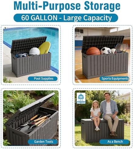 Outdoor Storage Box, 60 Gallon Waterproof Deck Box, Lockable Storage Container, Built-in Reinforcing Metal Rod Outside Resin Bin for Patio, Garden, Poolside and Garage - Image 5