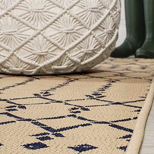 Eyely Moroccan Textured Weave Round Rug 5 Ft Beige/Navy, Indoor Outdoor Rug - Image 4
