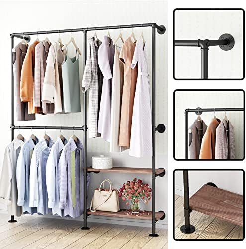Industrial Pipe Clothes Racks with Black Shelves, Industrial Pipe Black Clothing Rack with Double Hanging Rods, Heavy Duty Wall Mounted Clothing Rack Rod for Closet Storage, Bedroom - Image 5