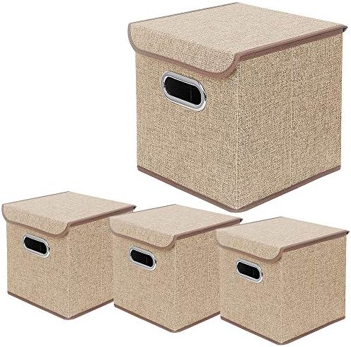 Storage Bin [Set of 4] Linen Fabric Foldable Container with Lid, Collapsible Organizer Boxes Cubes – 10 x 10 x 10 Inches (Beige) by BeigeSwan