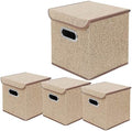 Storage Bin [Set of 4] Linen Fabric Foldable Container with Lid, Collapsible Organizer Boxes Cubes – 10 x 10 x 10 Inches (Beige) by BeigeSwan