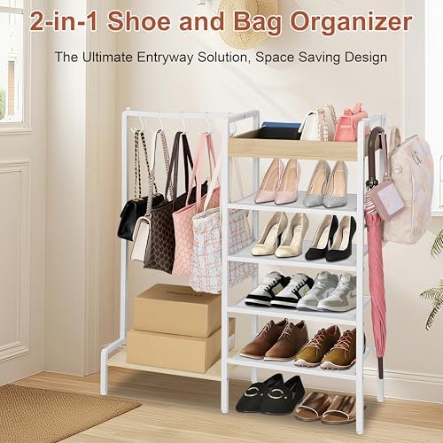 2-in-1 White Shoe Rack for Closet with Purse Organizer, 5-Tier - Image 3